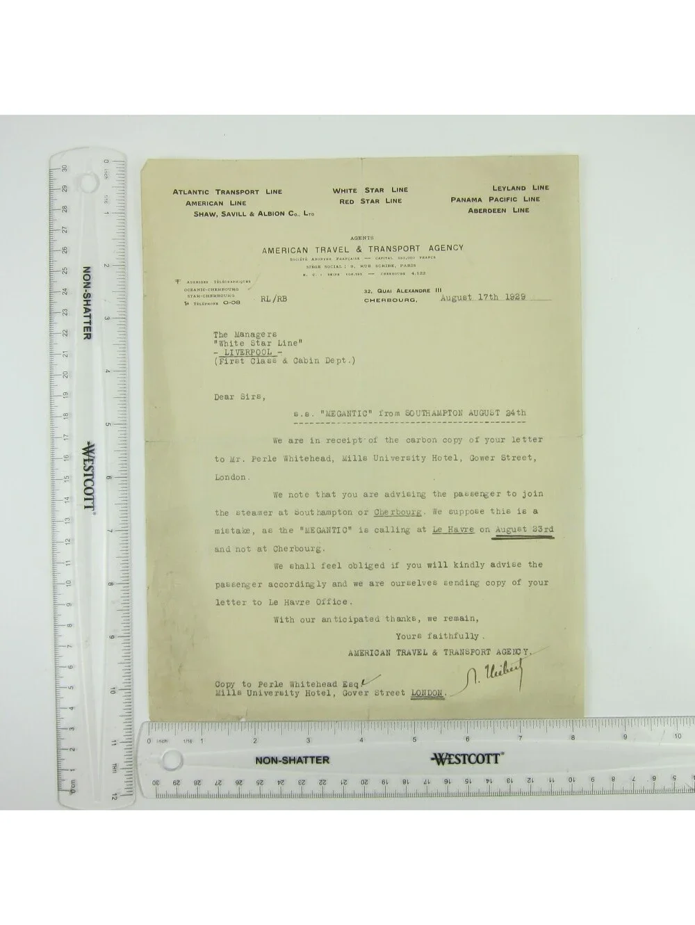 1929 Letterhead American Travel & Transport White Star Lines Perle Whitehead